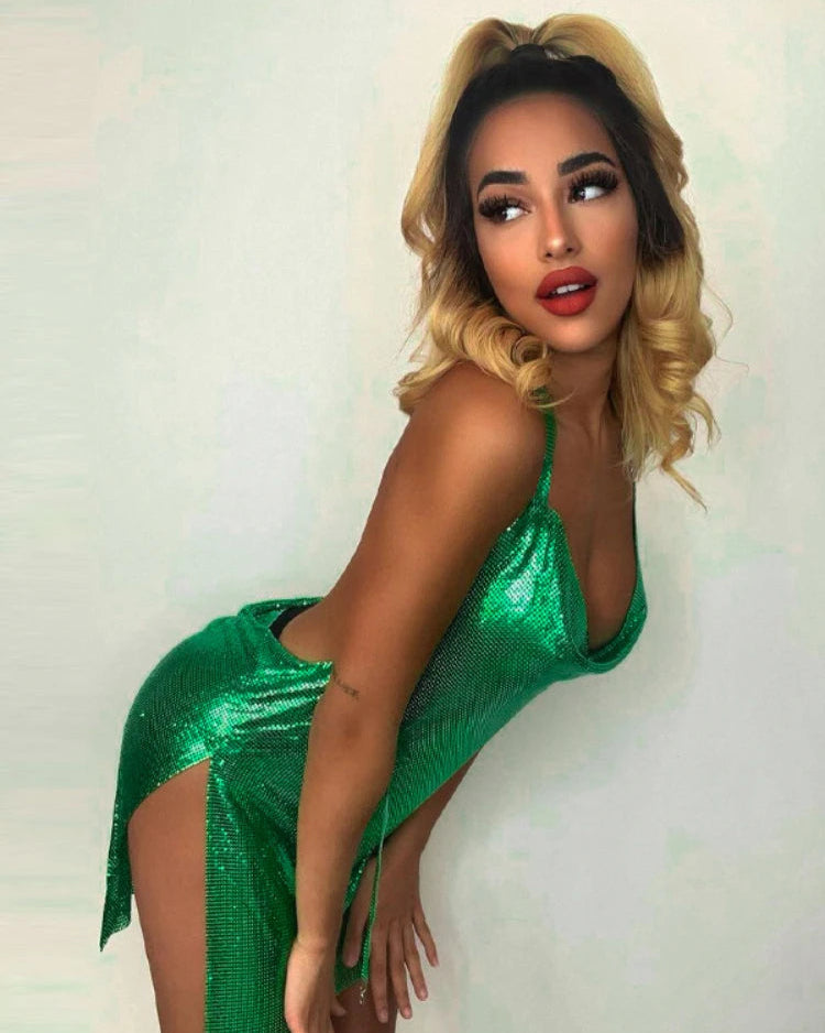 Metallic Chainmail Look Halter Mini Dress