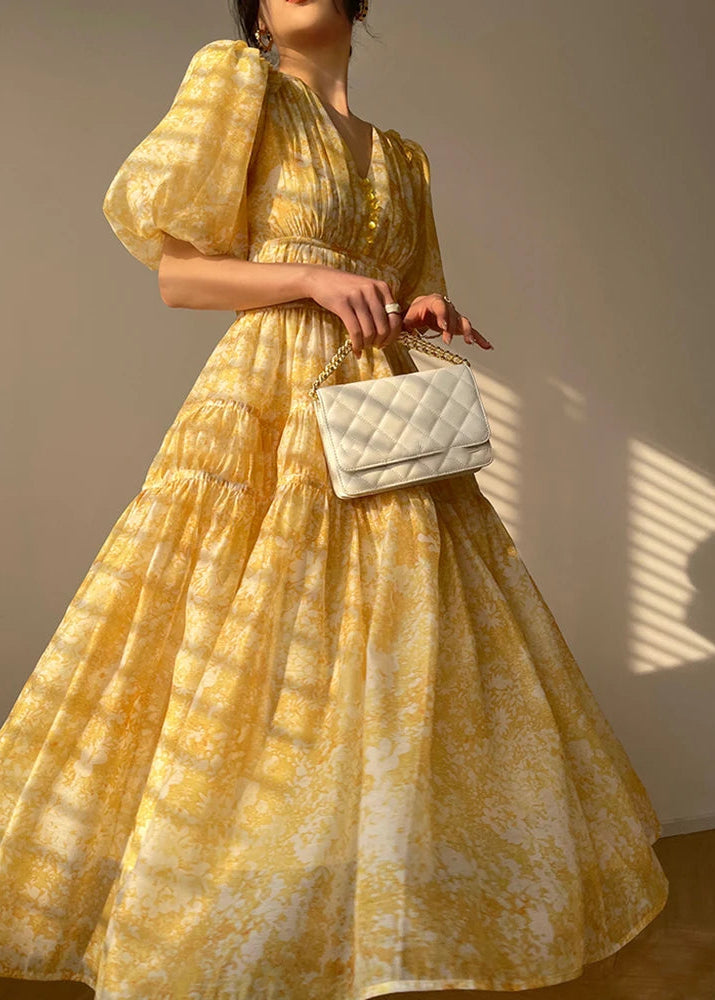 Golden Hour Floral Maxi Dress – Elegant Puff Sleeve Tiered Garden Dress