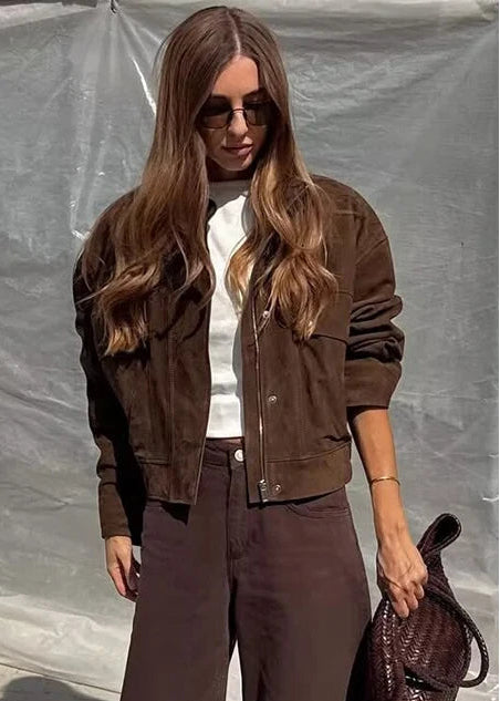 Faux Suede Cropped Bomber Jacket