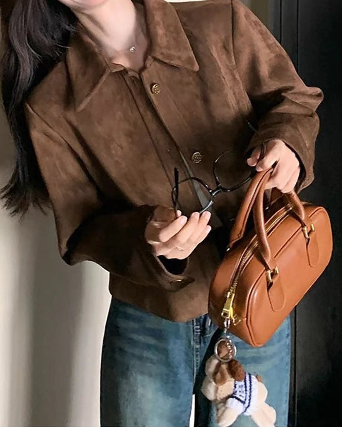 Vintage-Inspired Faux Suede Cropped Jacket