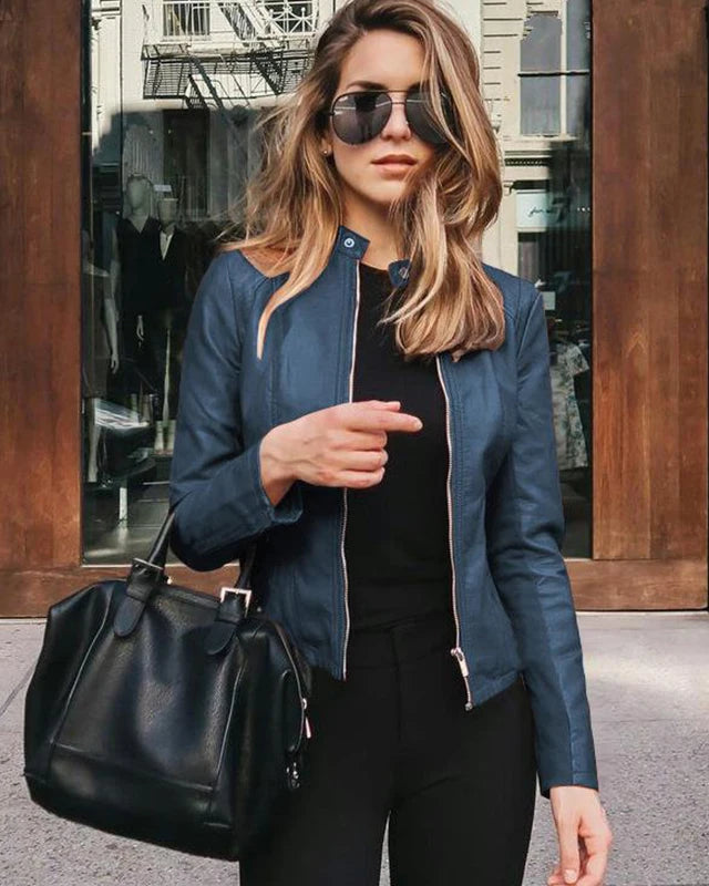 Classic Cognac Faux-Leather Moto Jacket