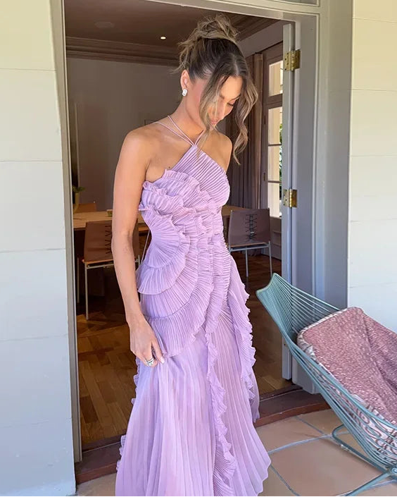 Pleated Ruffle Halter Gown