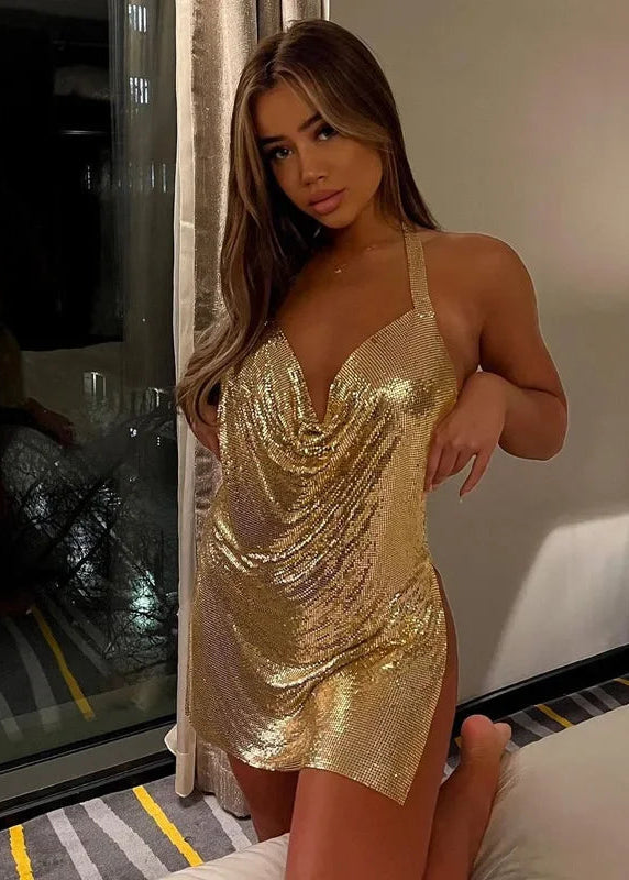 Metallic Chainmail Look Halter Mini Dress
