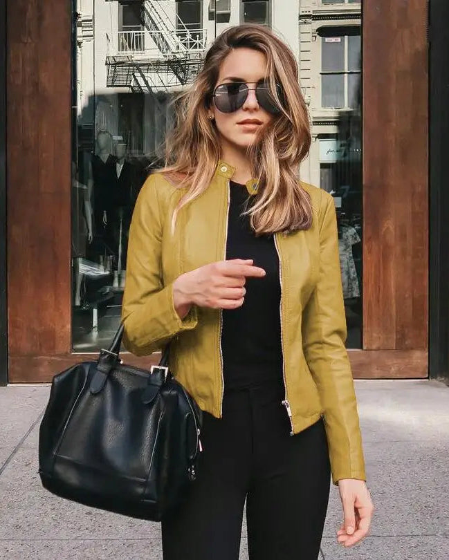 Classic Cognac Faux-Leather Moto Jacket