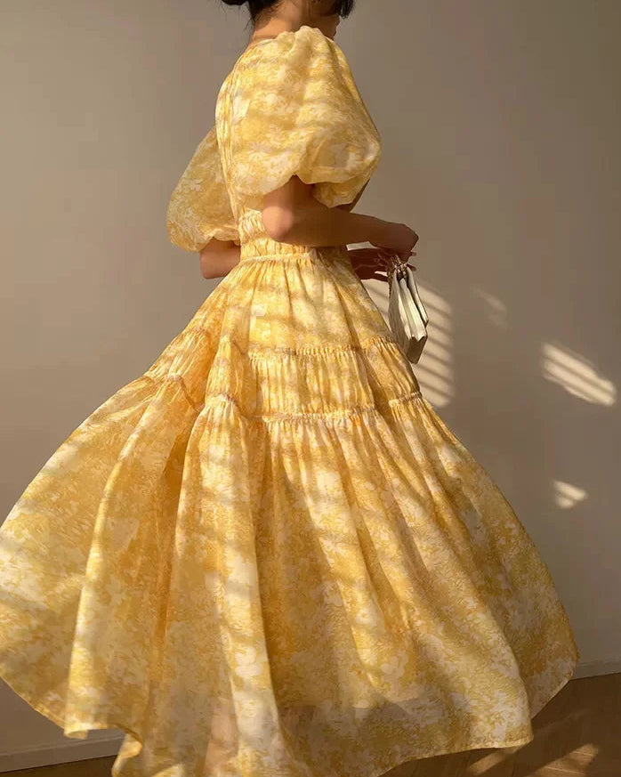 Golden Hour Floral Maxi Dress – Elegant Puff Sleeve Tiered Garden Dress