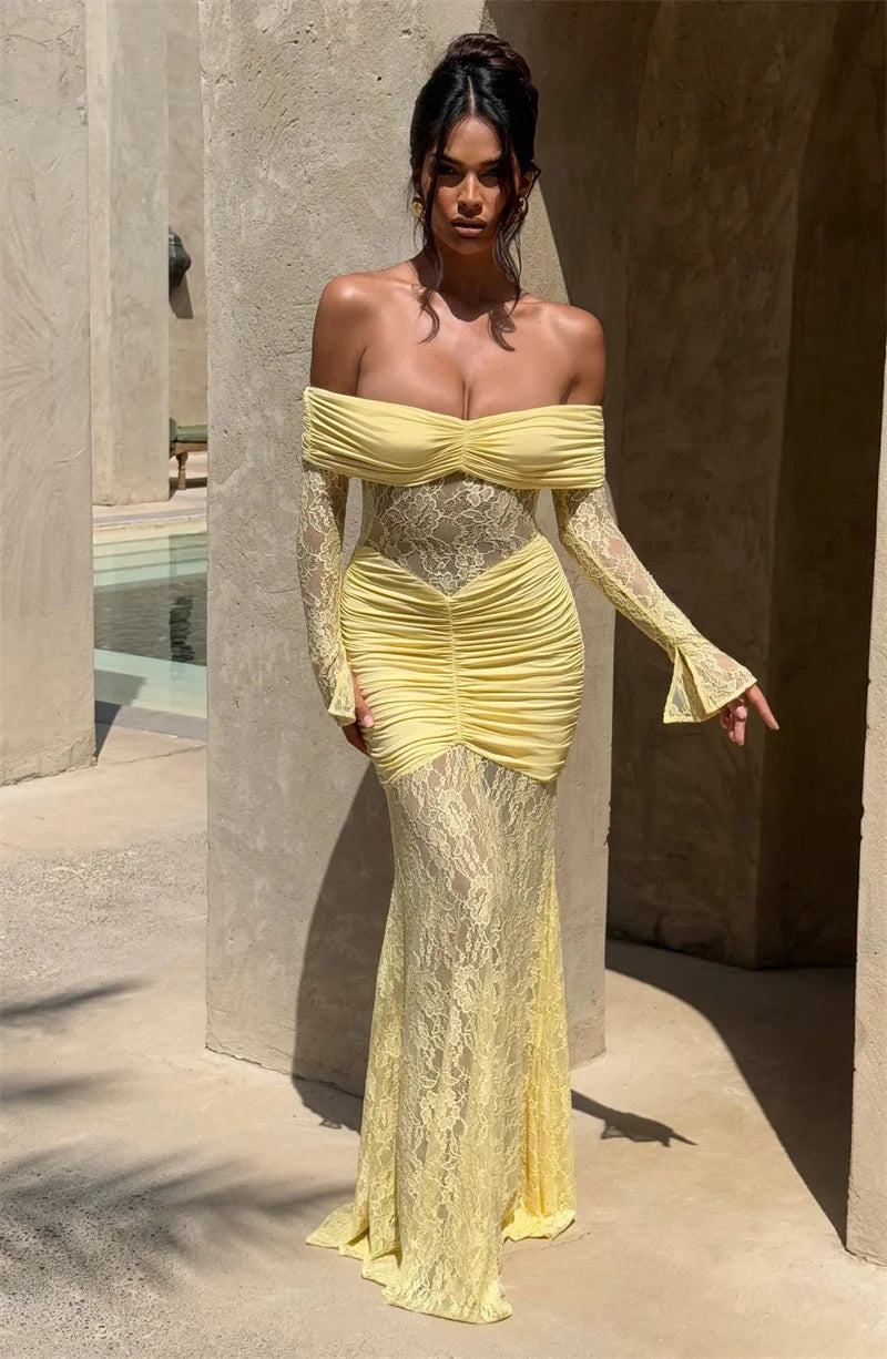 Lace & Ruched Off-The-Shoulder Evening Gown
