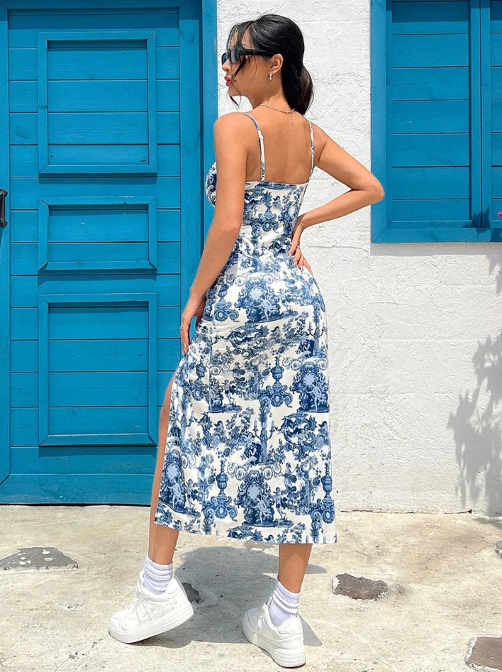 Vintage Toile Print Side-Slit Midi Dress