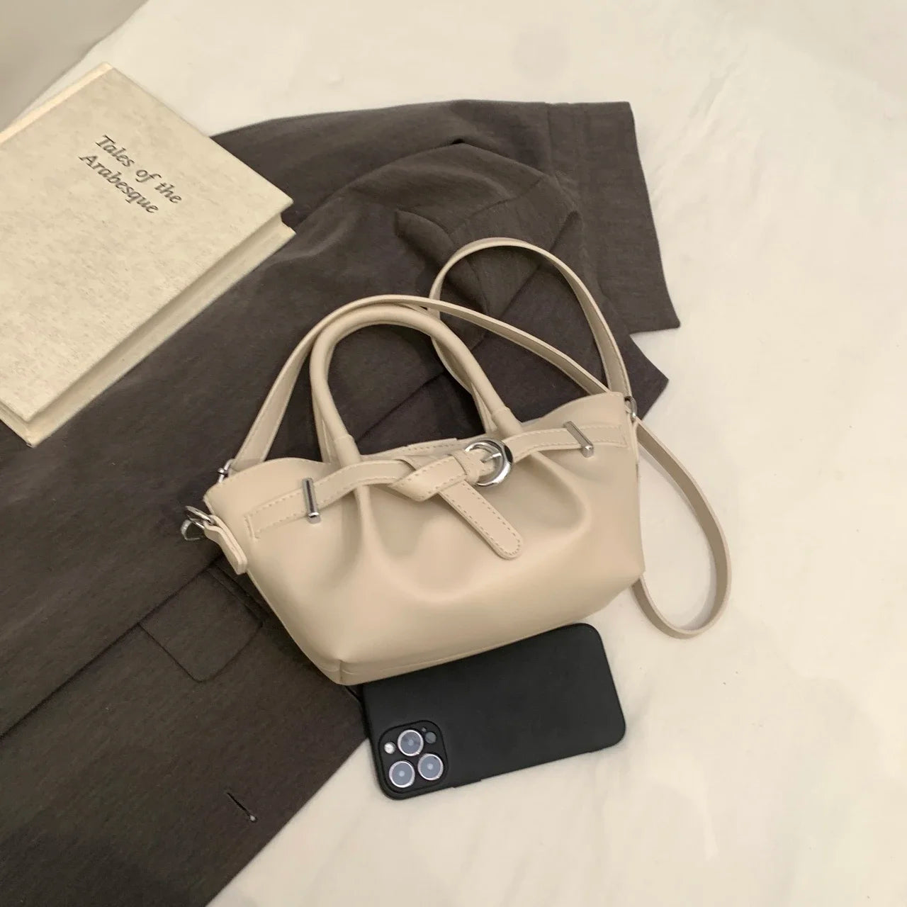 Minimalist Belted Vegan Leather Tote – Chic Top-Handle Mini Bag