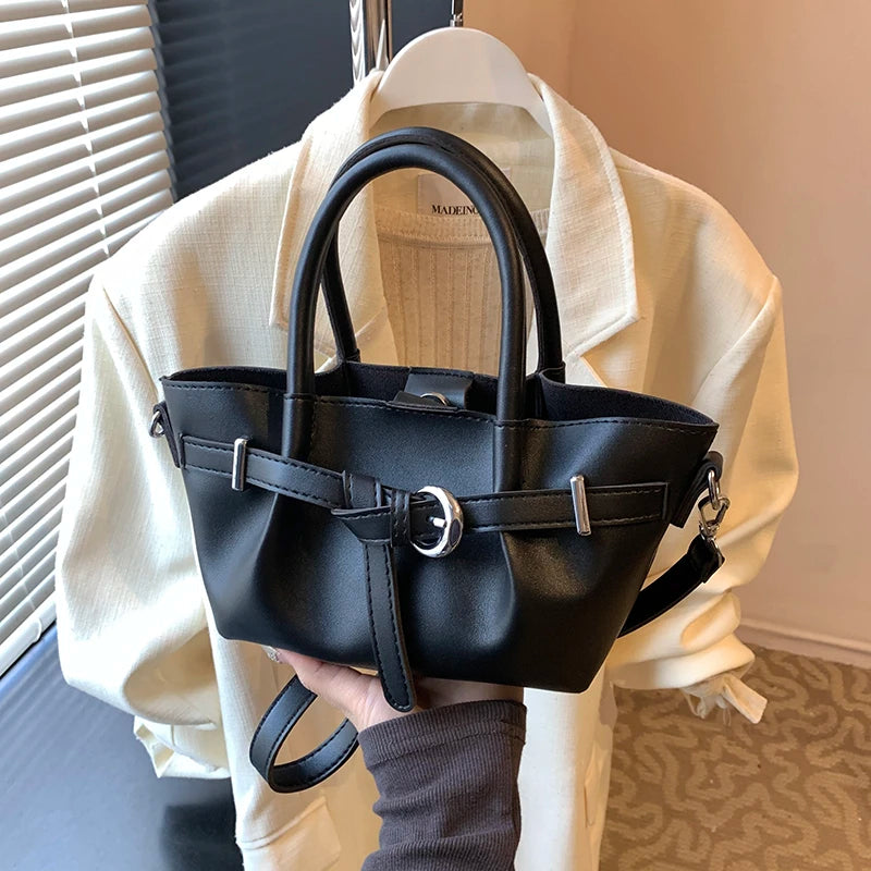 Minimalist Belted Vegan Leather Tote – Chic Top-Handle Mini Bag