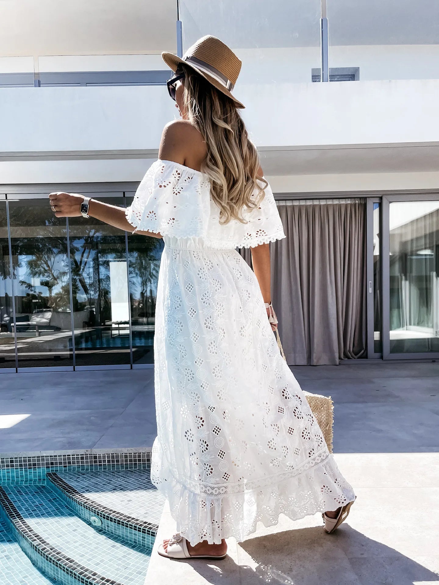 Eyelet Embroidery Off-Shoulder Maxi Dress