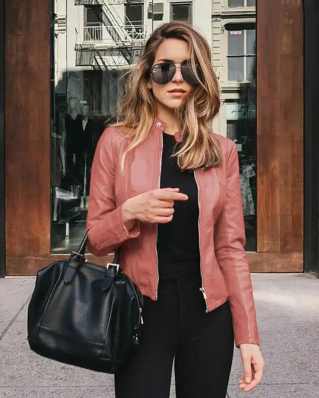 Classic Cognac Faux-Leather Moto Jacket