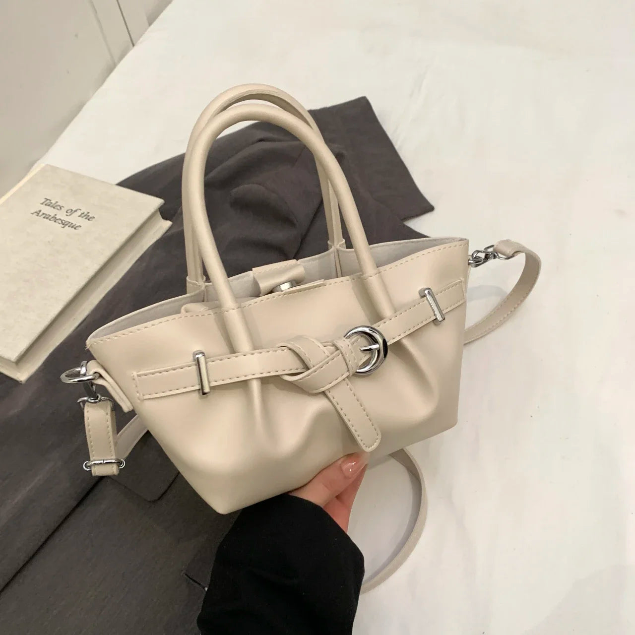 Minimalist Belted Vegan Leather Tote – Chic Top-Handle Mini Bag