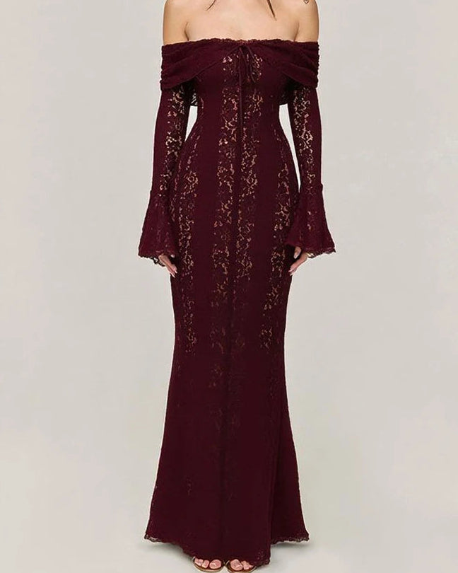 Off-the-Shoulder Lace Bell-Sleeve Maxi Dress
