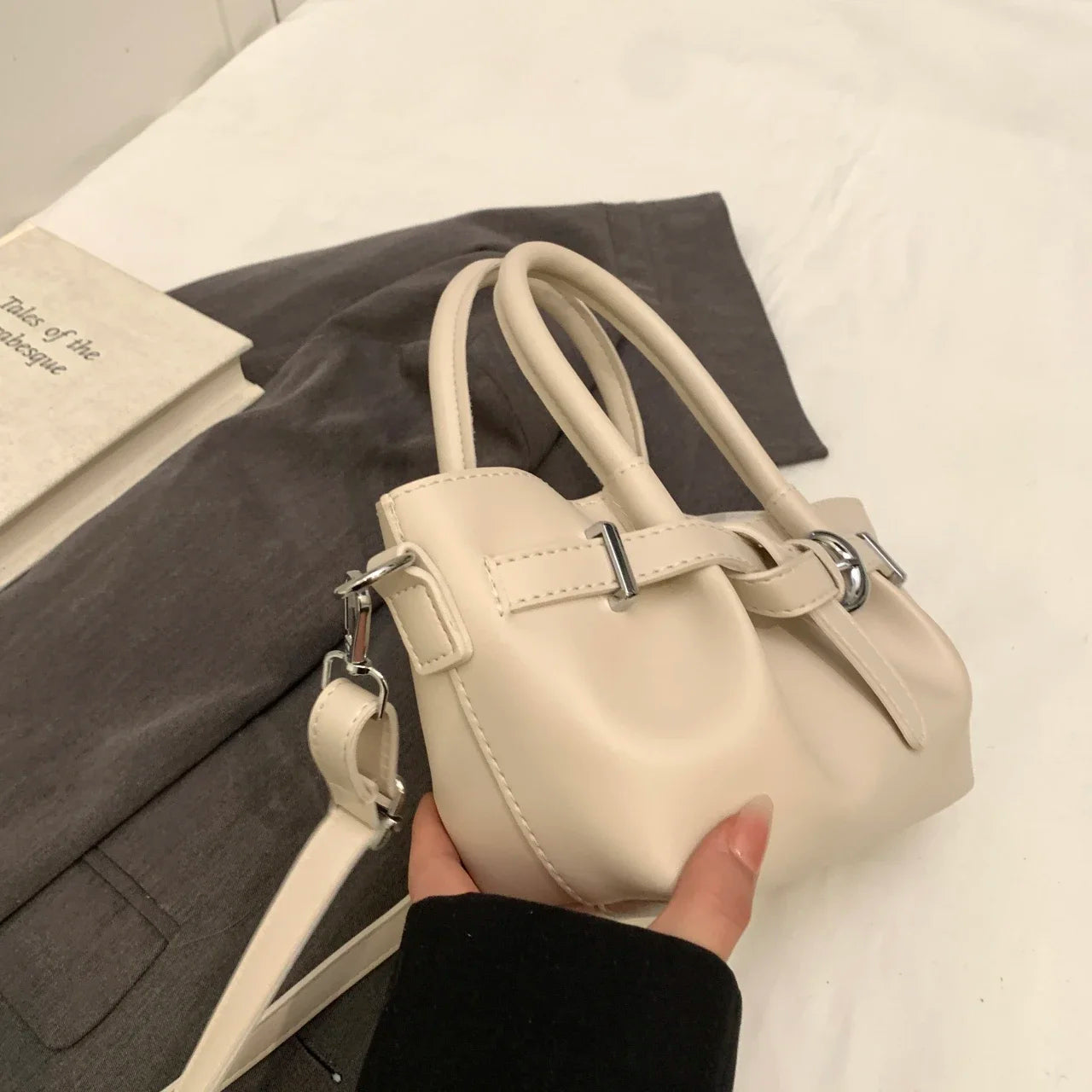 Minimalist Belted Vegan Leather Tote – Chic Top-Handle Mini Bag