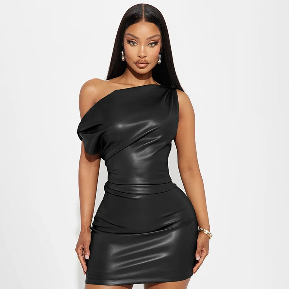Strapless Faux Leather Corset Maxi Dress