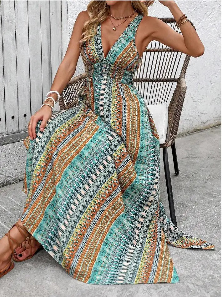 Tribal Print V-Neck Slit Maxi Dress