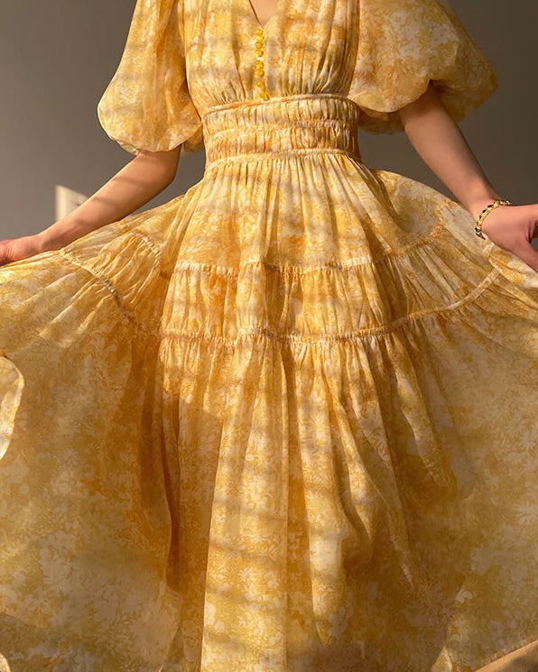 Golden Hour Floral Maxi Dress – Elegant Puff Sleeve Tiered Garden Dress