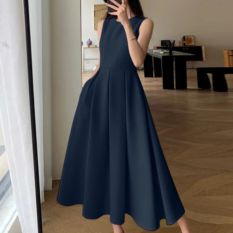 Elegant Pleated Midi A-Line Dress