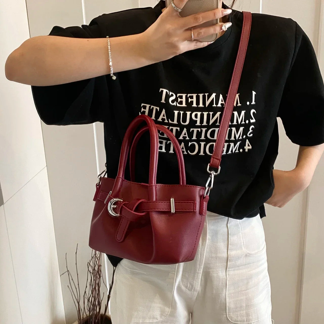 Minimalist Belted Vegan Leather Tote – Chic Top-Handle Mini Bag