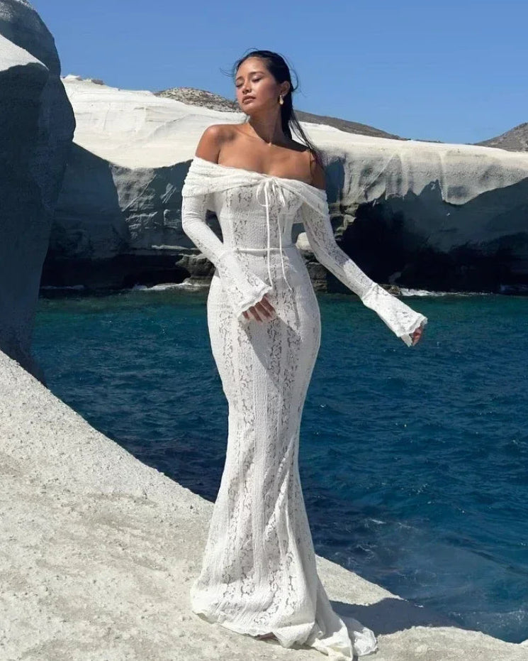 Off-the-Shoulder Lace Bell-Sleeve Maxi Dress