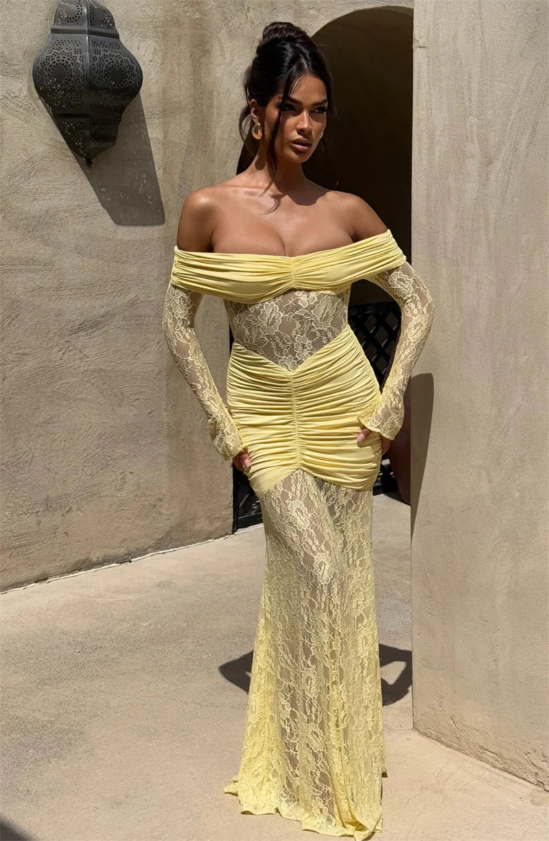 Lace & Ruched Off-The-Shoulder Evening Gown