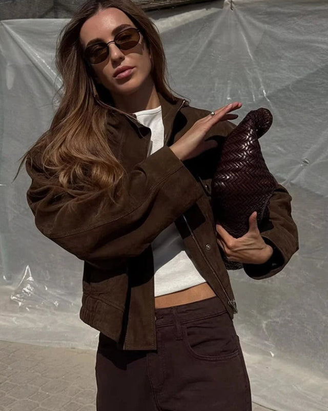 Faux Suede Cropped Bomber Jacket