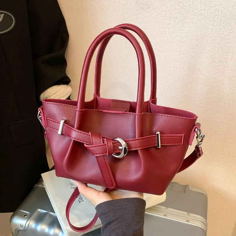 Minimalist Belted Vegan Leather Tote – Chic Top-Handle Mini Bag
