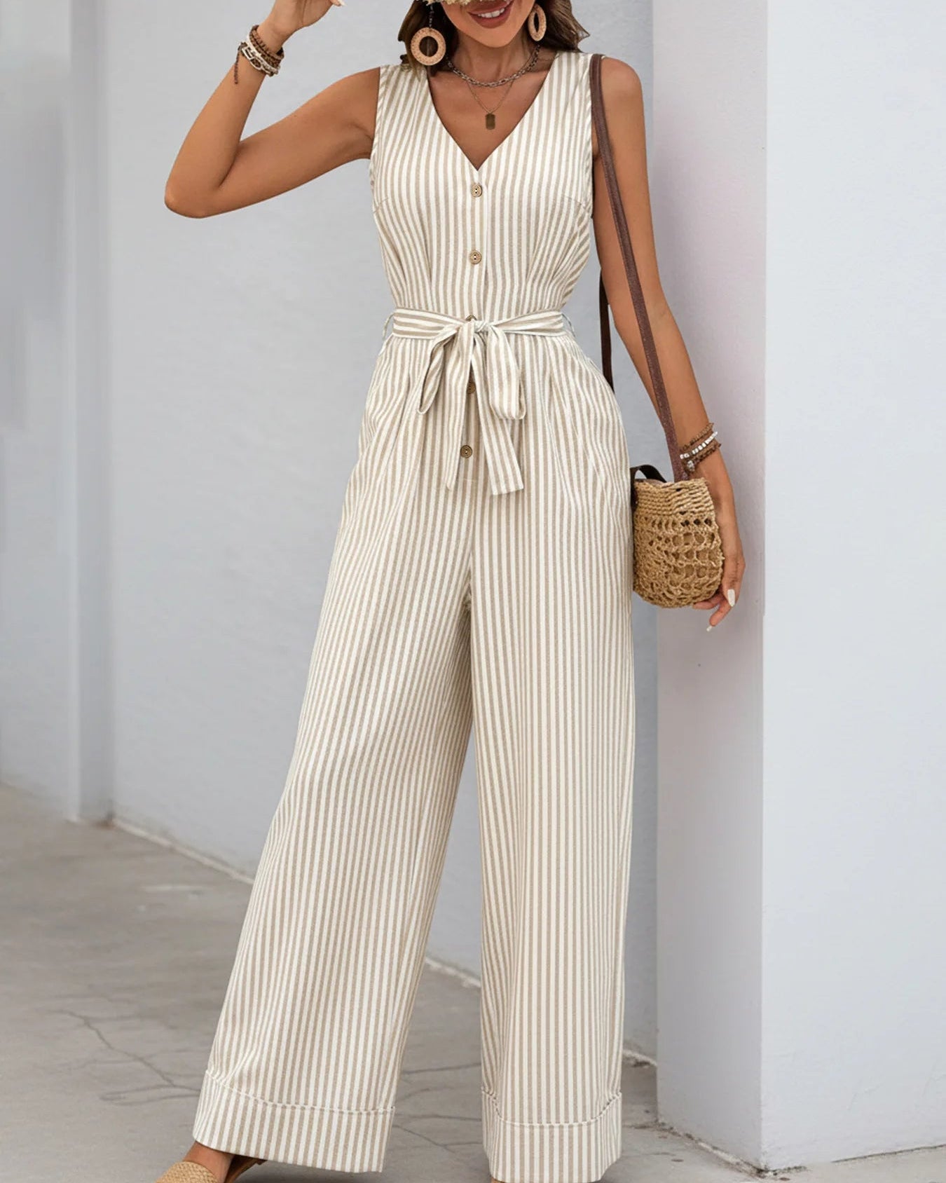 Striped V-Neck Wide-Leg Jumpsuit