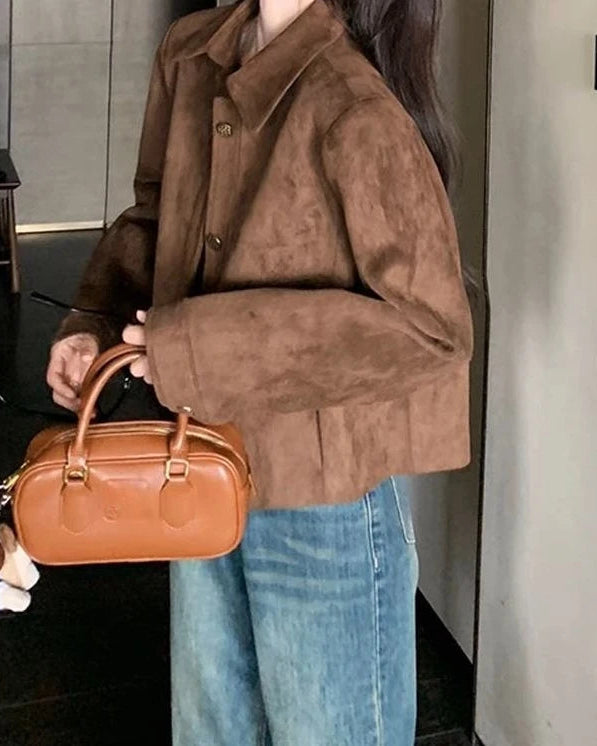 Vintage-Inspired Faux Suede Cropped Jacket