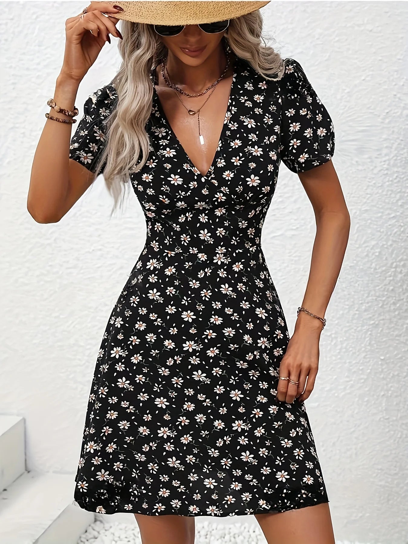 Floral V-Neck Puff Sleeve Mini Dress