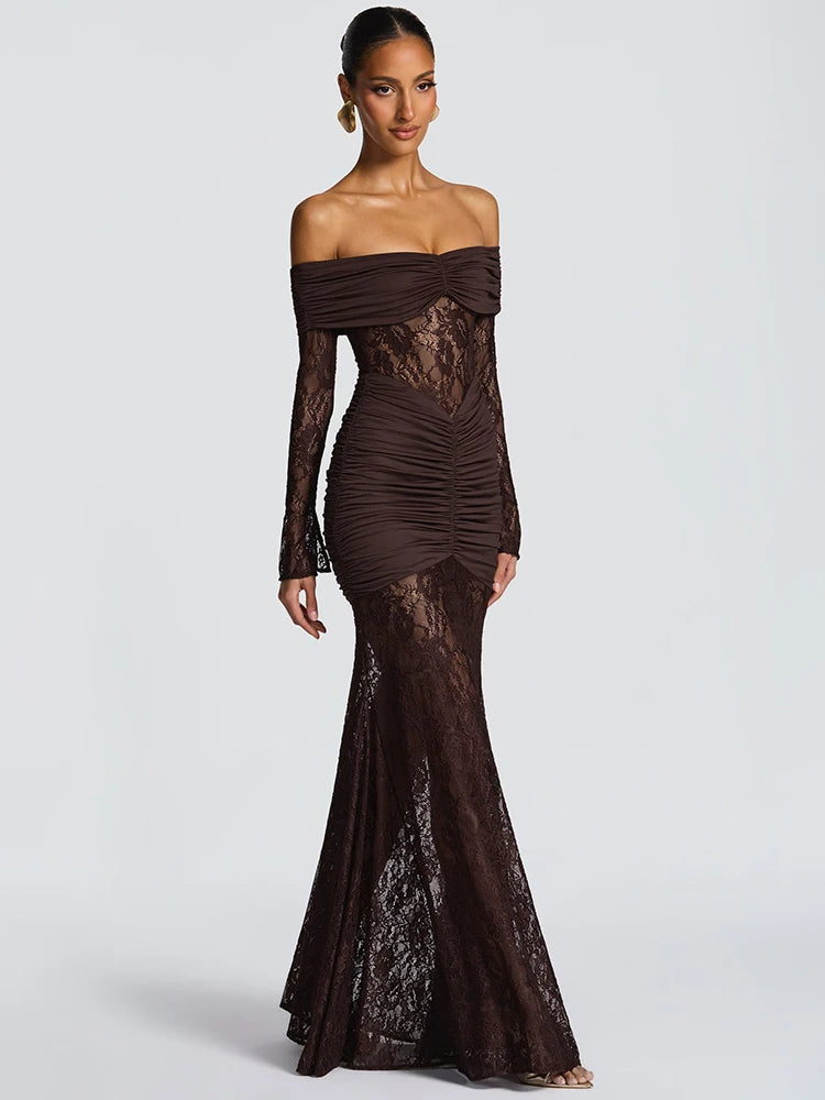 Lace & Ruched Off-The-Shoulder Evening Gown