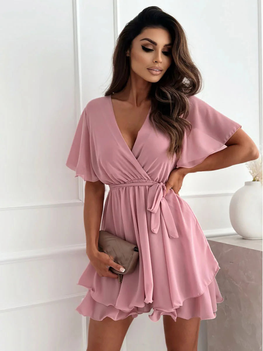 Flowy V-Neck Chiffon Mini Dress with Flutter Sleeves