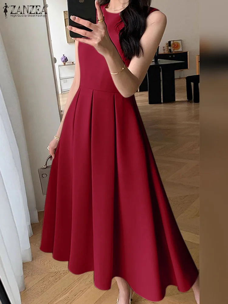 Elegant Pleated Midi A-Line Dress