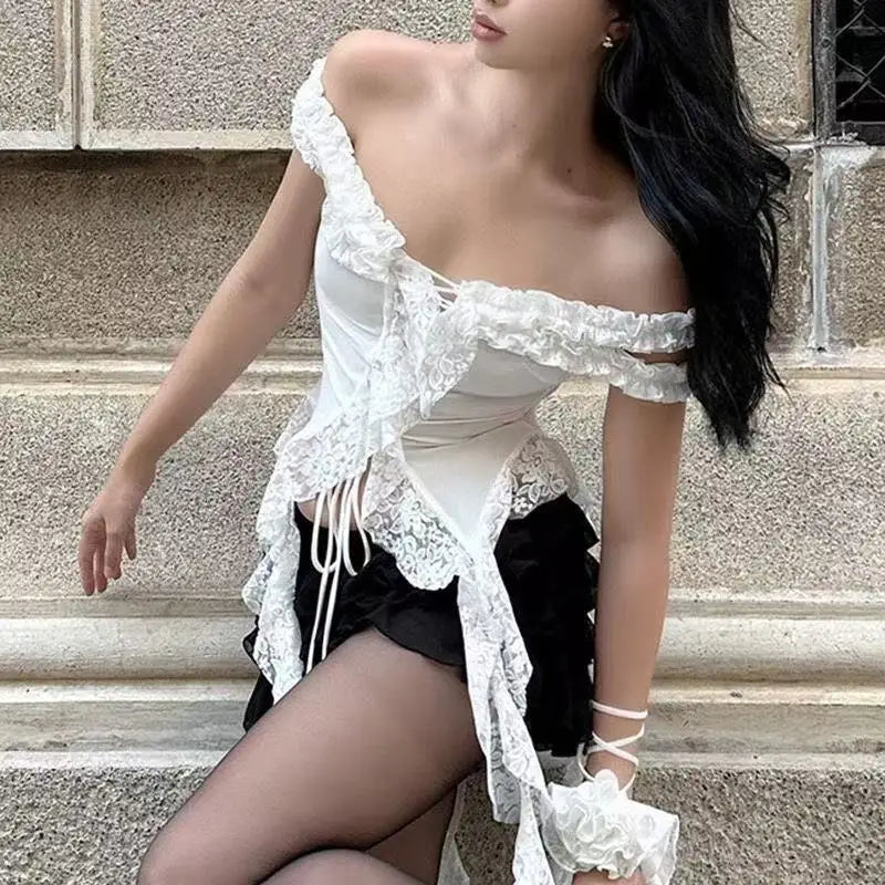 Ruffled Lace Off-the-Shoulder Corset Top