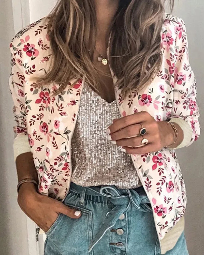 Women’s Floral Print Lightweight Bomber Jacket