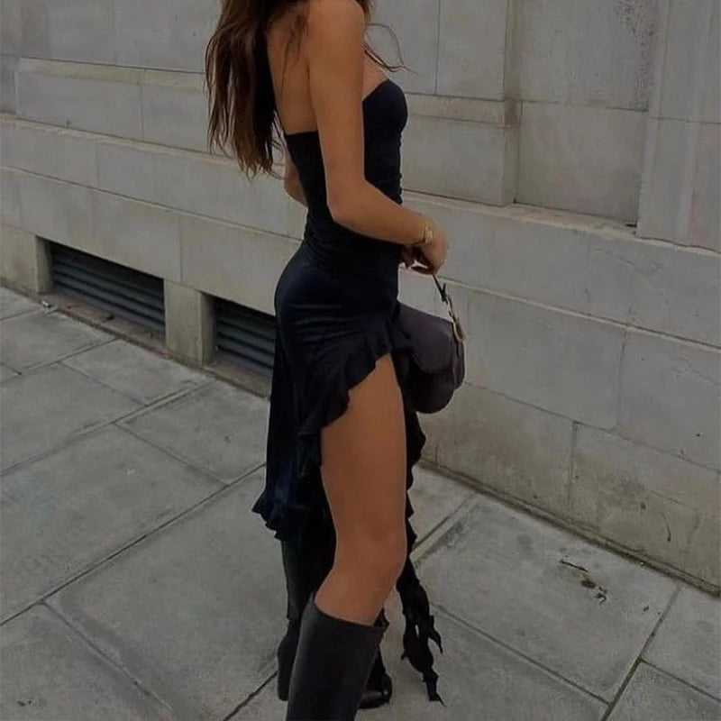 Ruched Ruffle Tube Dress