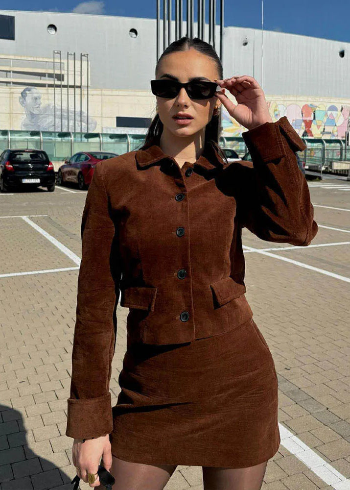 Vintage-Inspired Corduroy Jacket & Mini Skirt Set