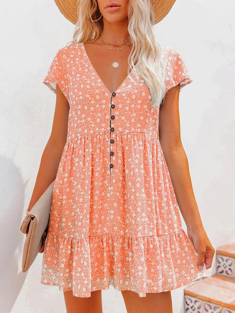 Women Summer Floral Print Short Sleeve V Neck A Line Dress Casual Boho Pleated Mini Dress Beach Party Vacation Sundress 2023