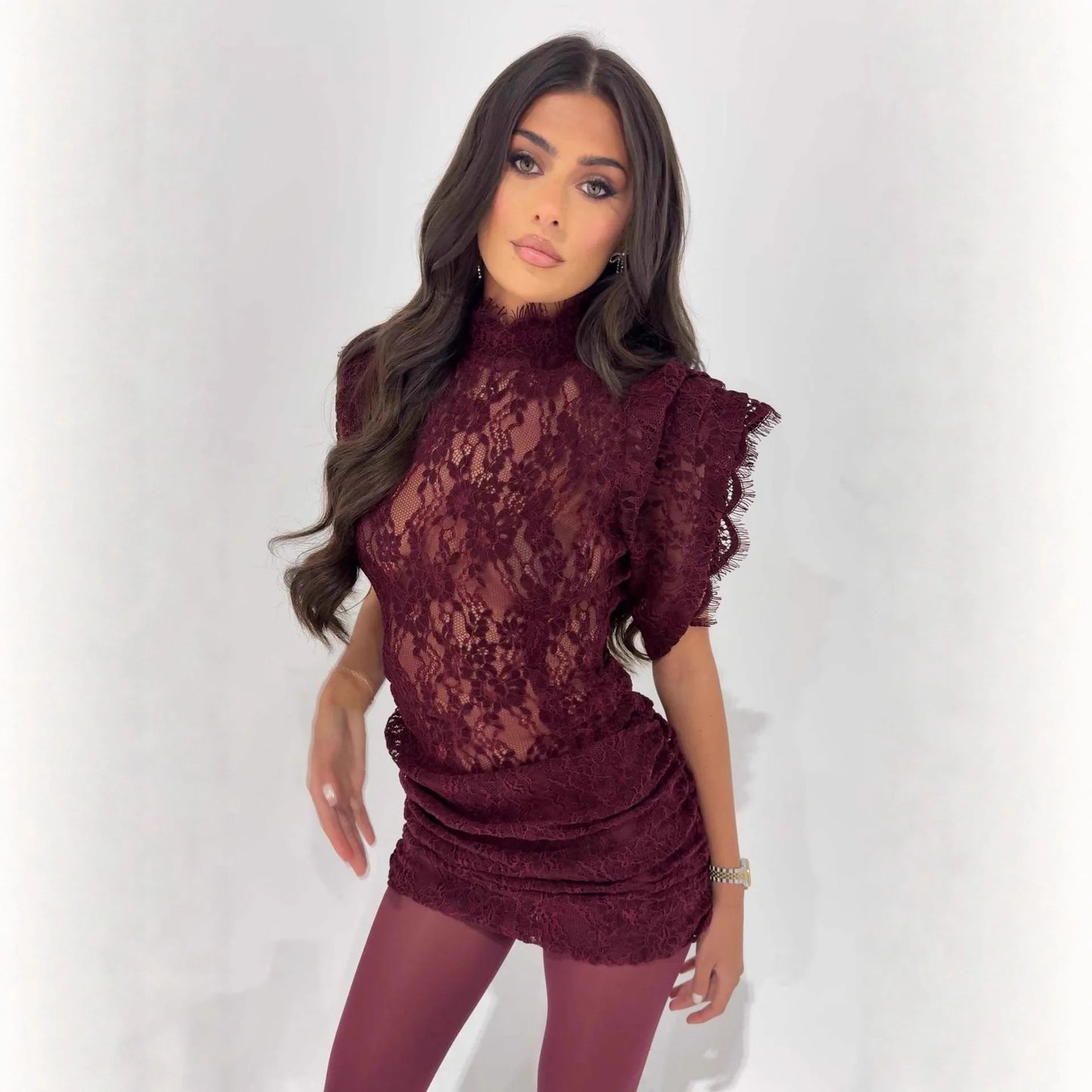 Elegant Lace Retro Half High Collar Sleeveless Slim Wrap Fashion Dress