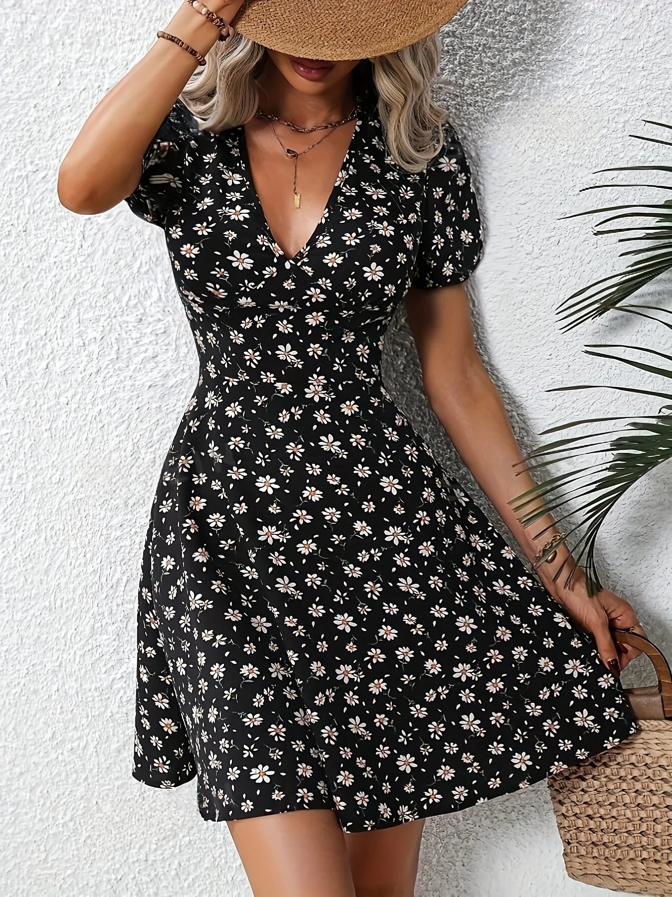 Floral V-Neck Puff Sleeve Mini Dress