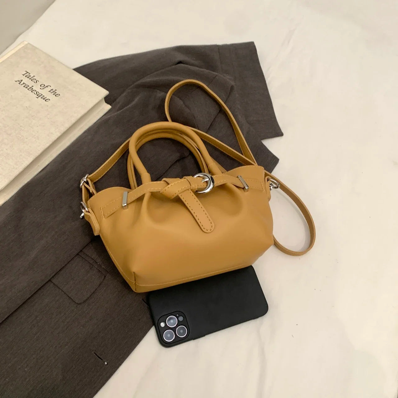 Minimalist Belted Vegan Leather Tote – Chic Top-Handle Mini Bag