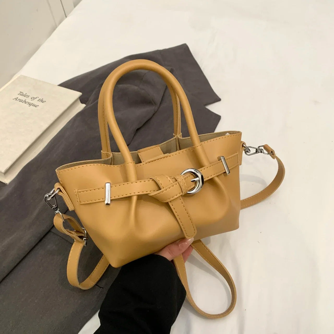 Minimalist Belted Vegan Leather Tote – Chic Top-Handle Mini Bag