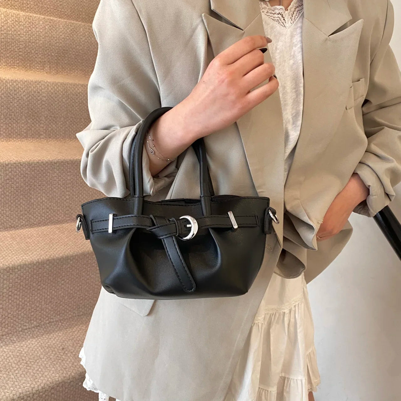 Minimalist Belted Vegan Leather Tote – Chic Top-Handle Mini Bag