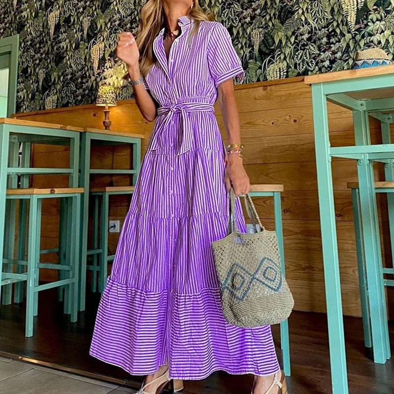 Coastal Striped Maxi Shirt Dress – Breezy Tiered Summer Sundress