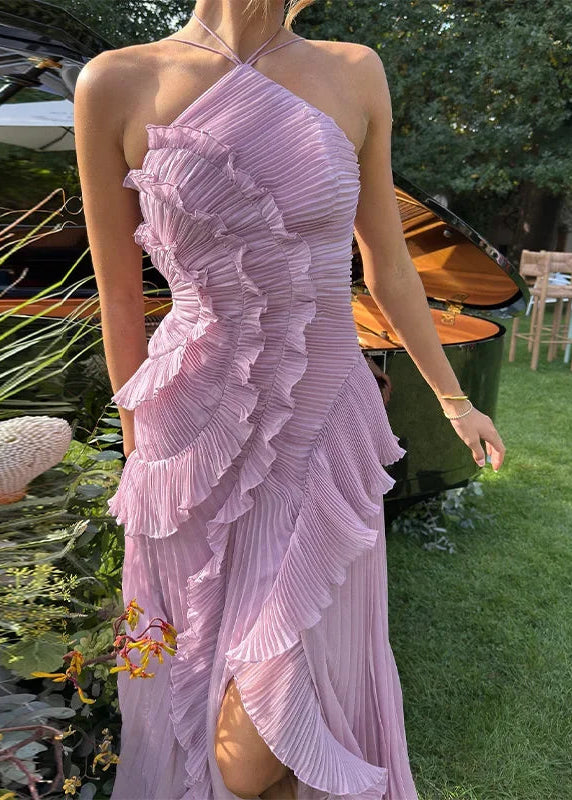 Pleated Ruffle Halter Gown