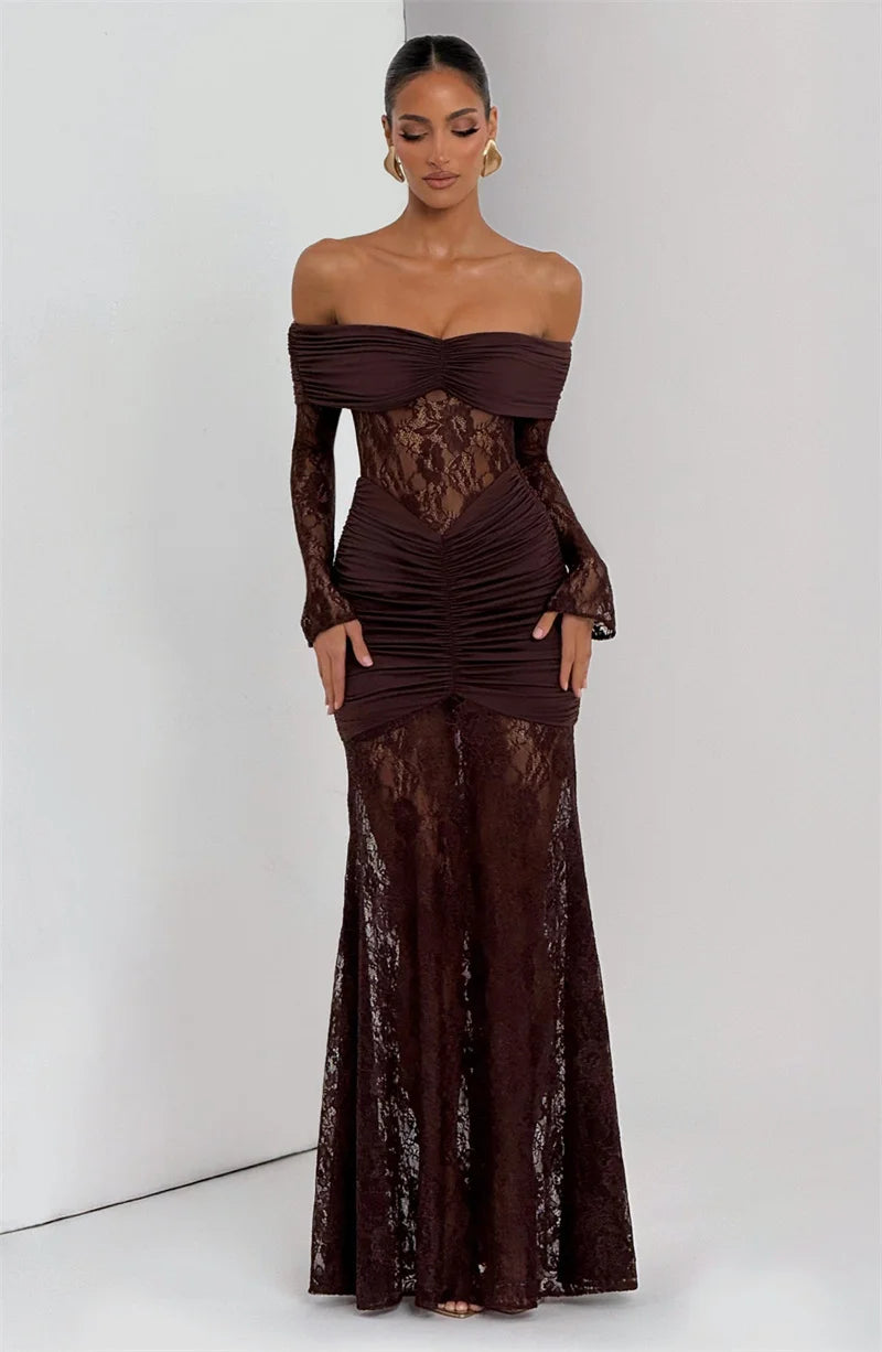Lace & Ruched Off-The-Shoulder Evening Gown