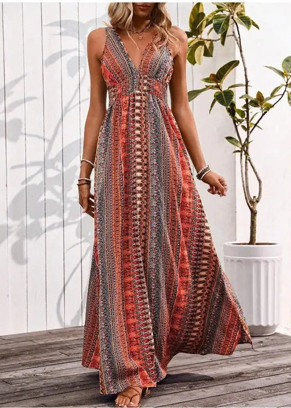 Tribal Print V-Neck Slit Maxi Dress