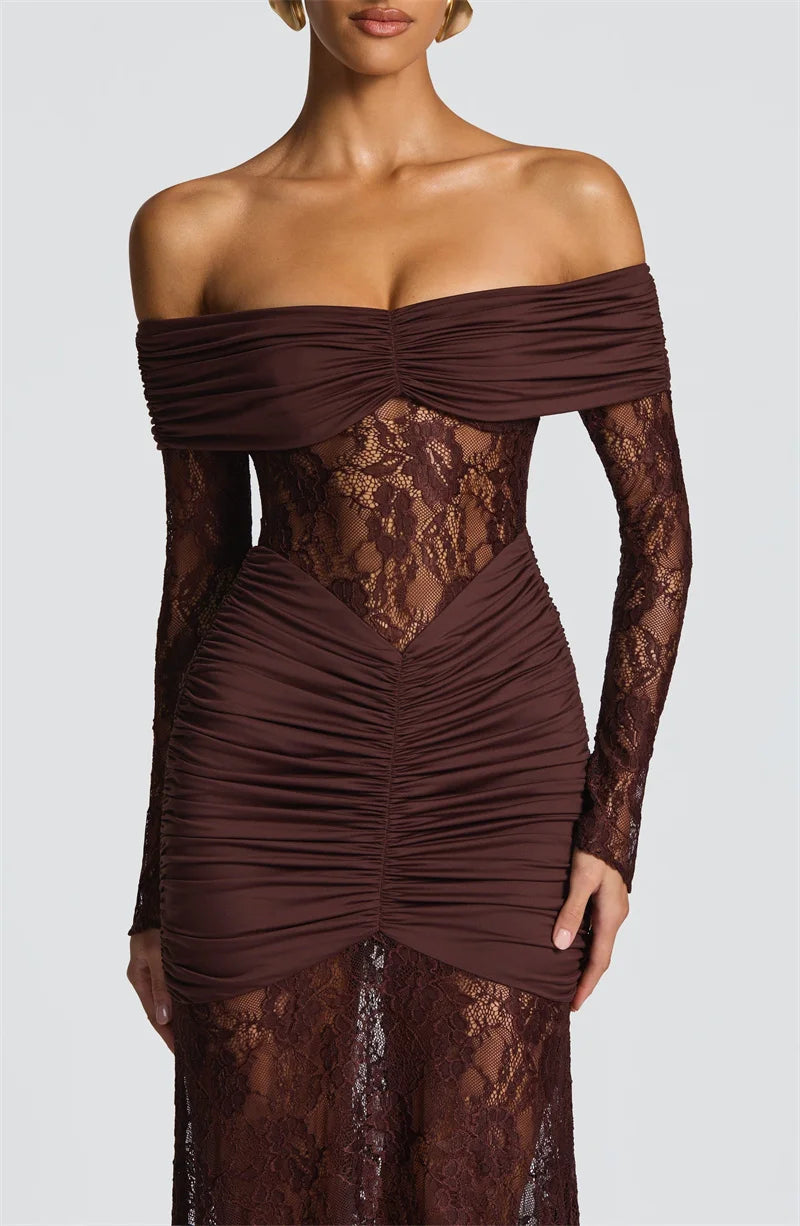 Lace & Ruched Off-The-Shoulder Evening Gown