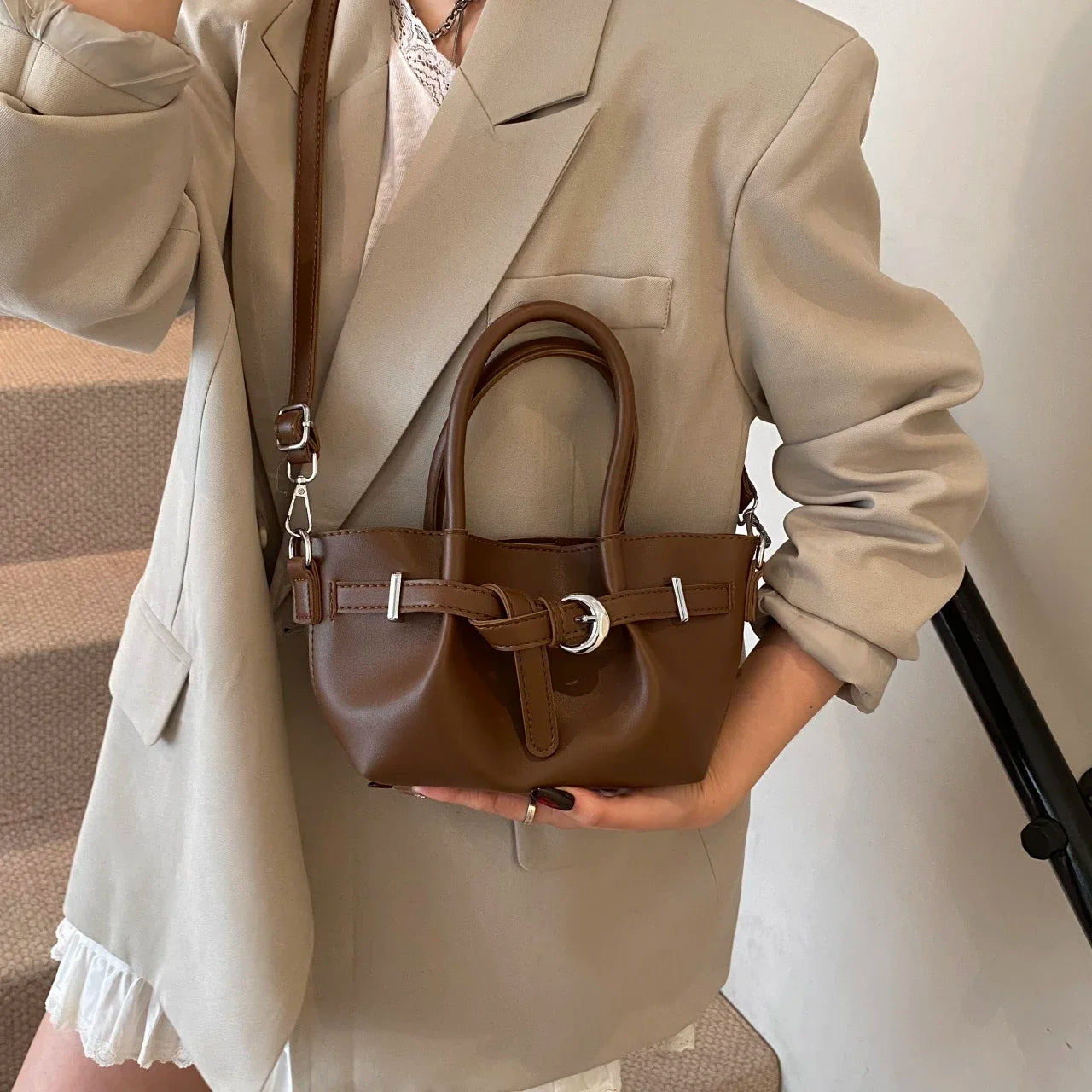 Minimalist Belted Vegan Leather Tote – Chic Top-Handle Mini Bag
