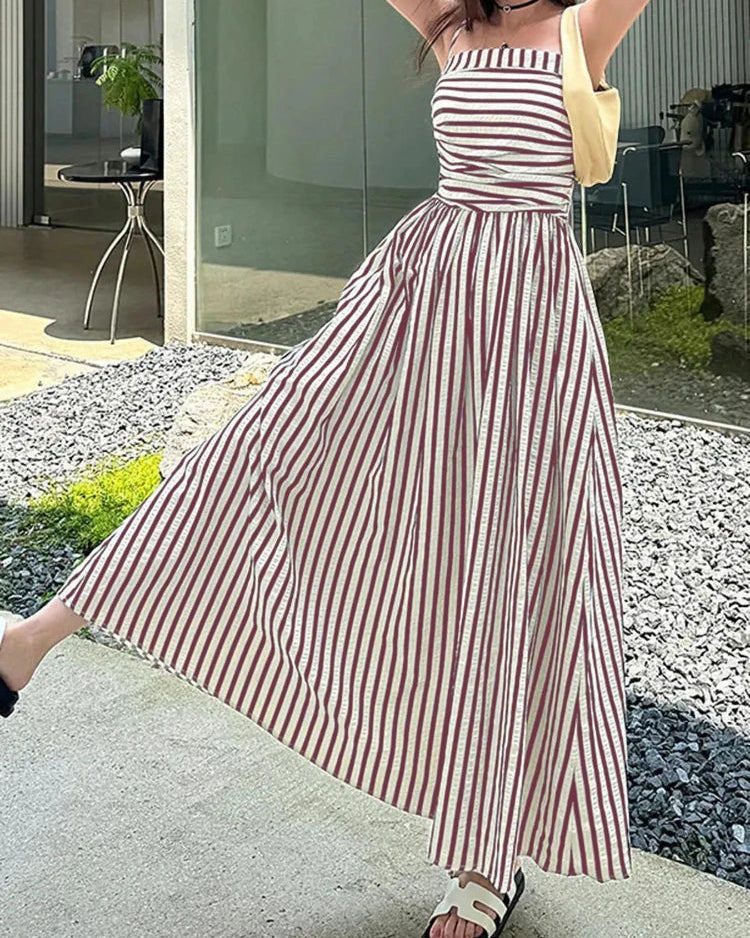 Riviera Striped Maxi Dress – Nautical Camisole Sundress with Ruffle Hem